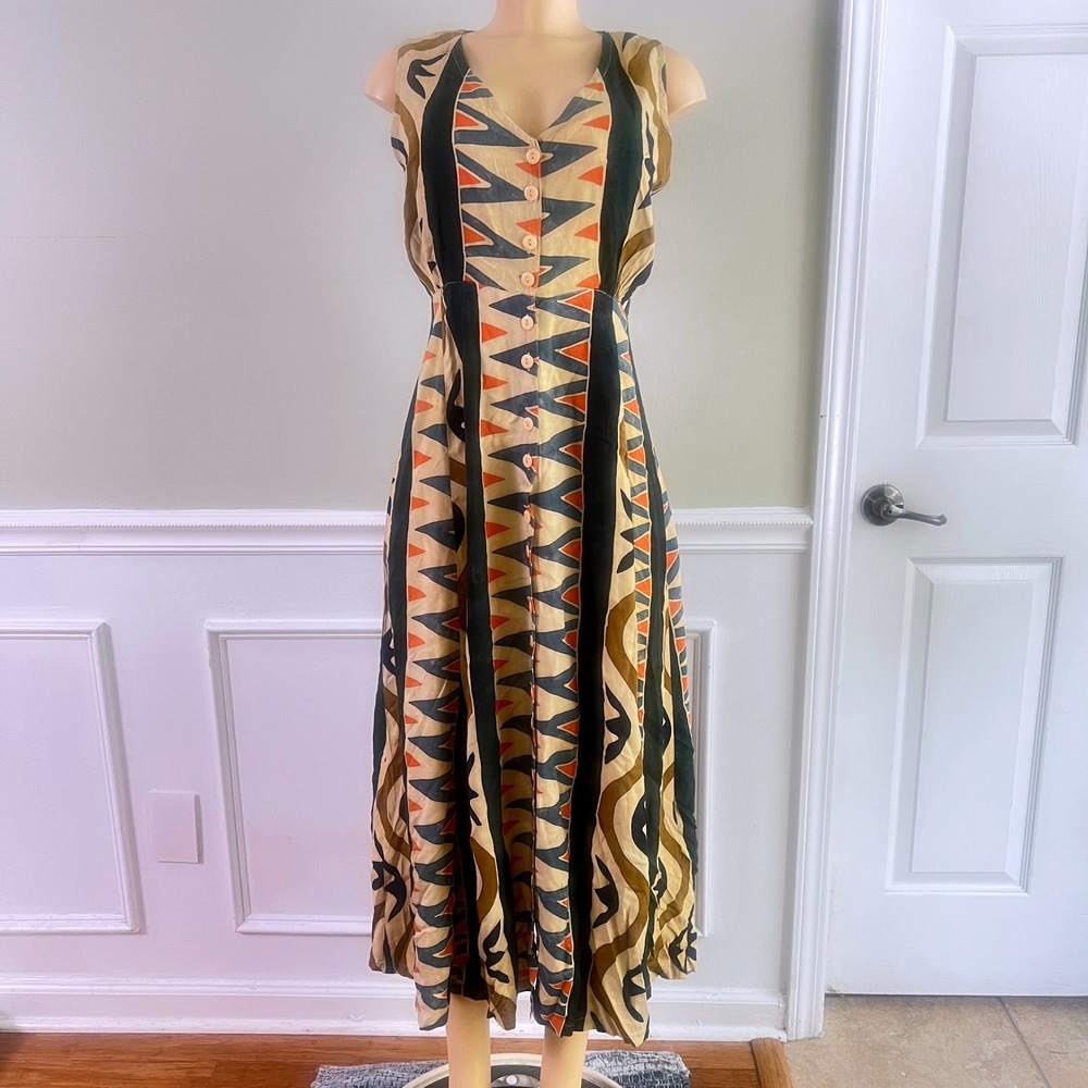 Java Lava Maxi Dress S Womens Geometric Abstract Button Front Rayon Boho‎